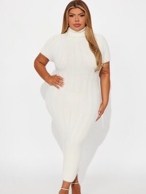 Turtleneck Ribbed Midi Dress in Ivory